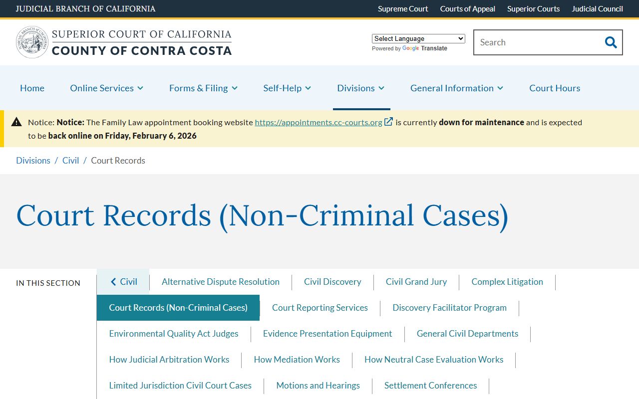 Contra Costa County court records information page showing how to request divorce documents