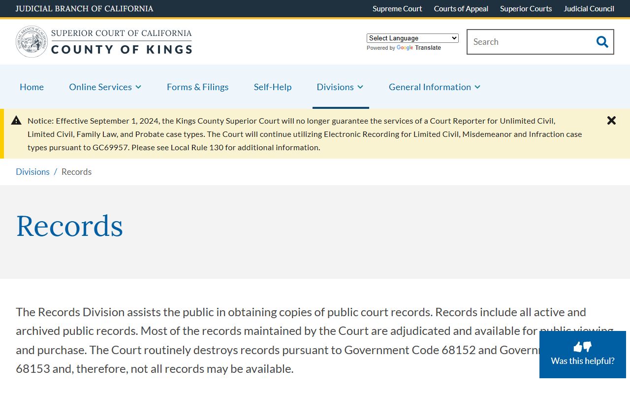 Kings County Superior Court records page