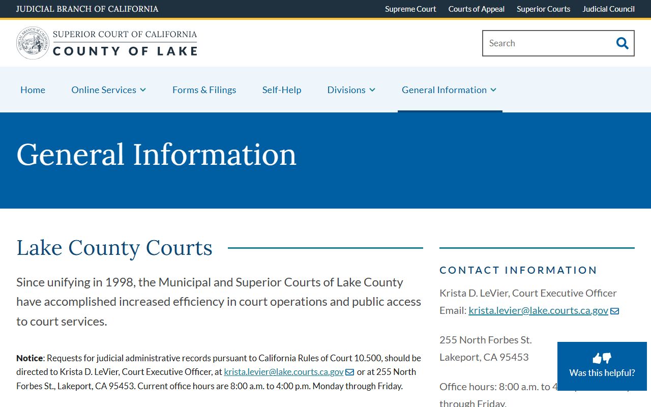 Lake County Superior Court general information page