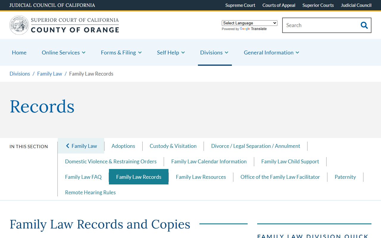 Orange County Superior Court family law records page