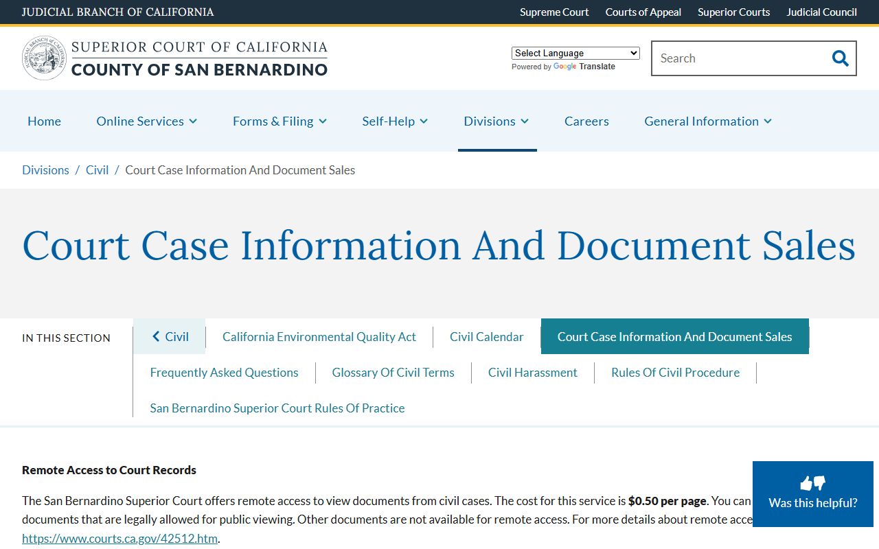 San Bernardino County court records and document sales information