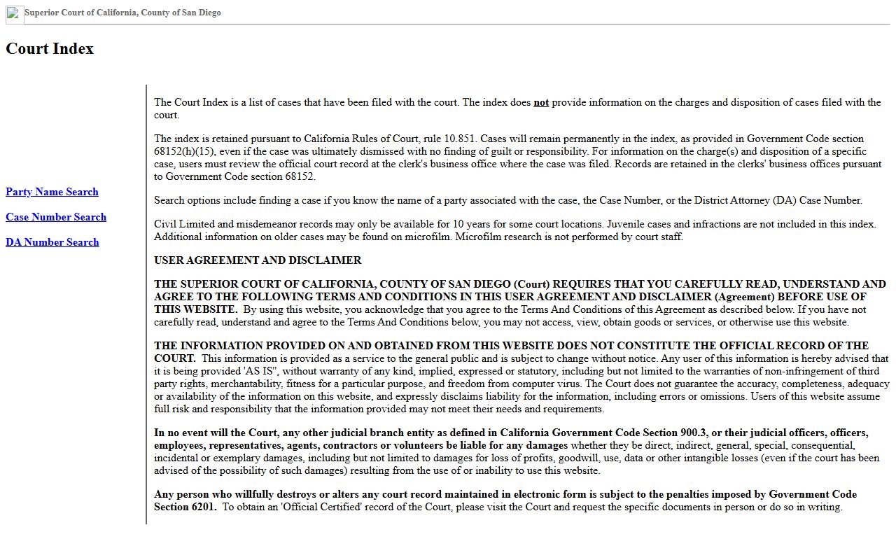 San Diego County Court Index portal for searching all court cases including divorce