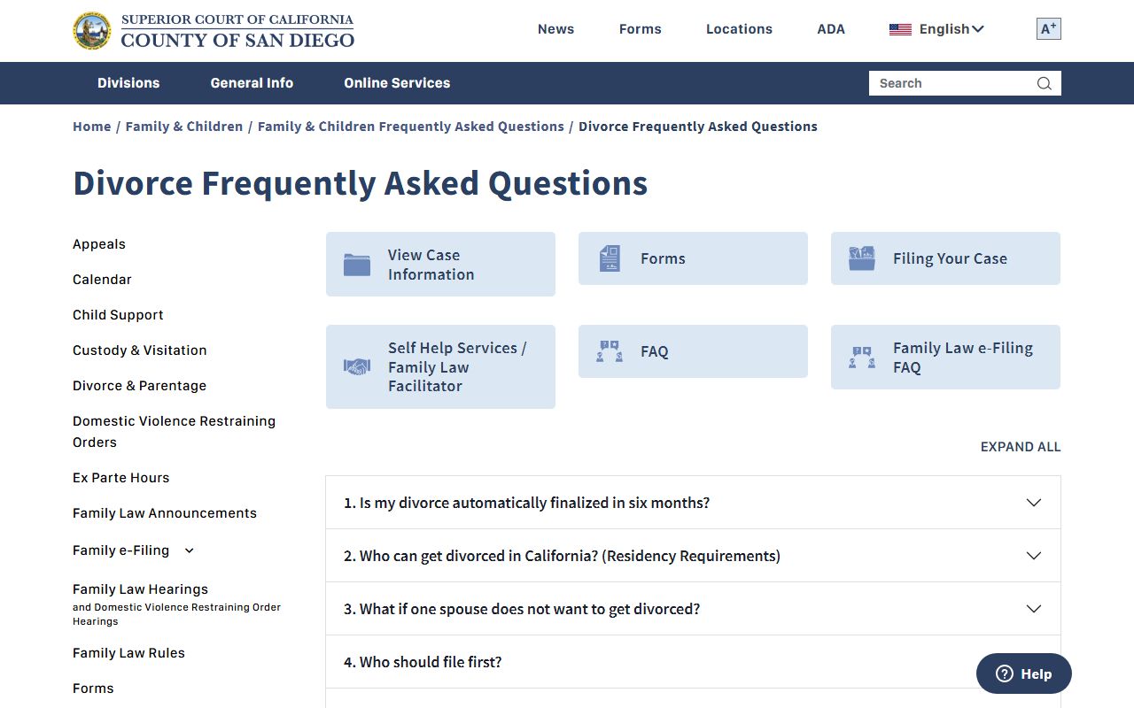 San Diego County court divorce FAQ page with information on obtaining records