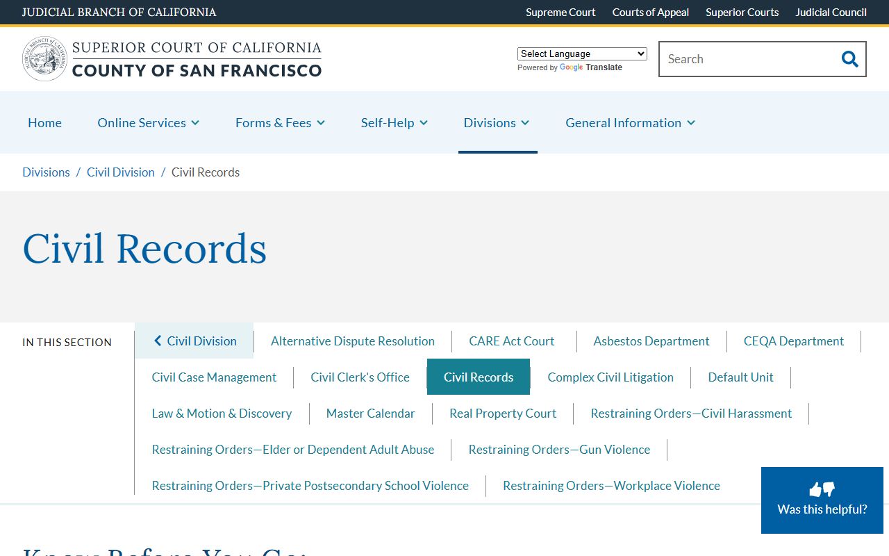 San Francisco County court civil records information page