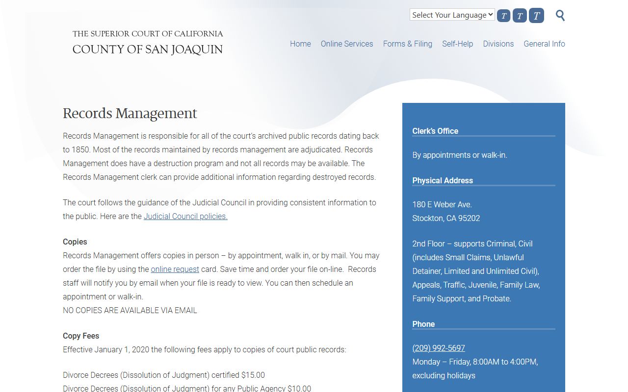 San Joaquin County Superior Court records management page