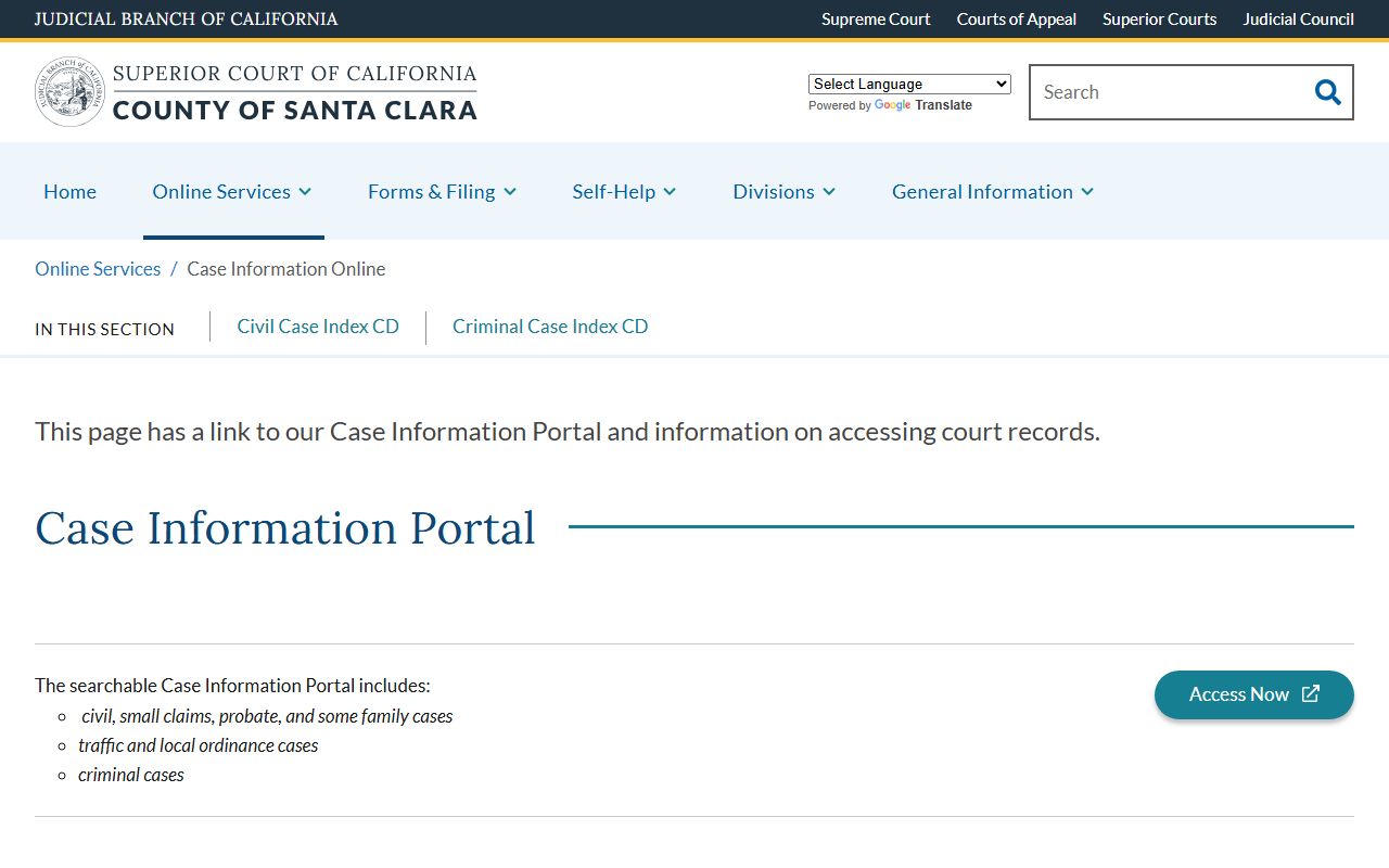 Santa Clara County court case information page showing online access options