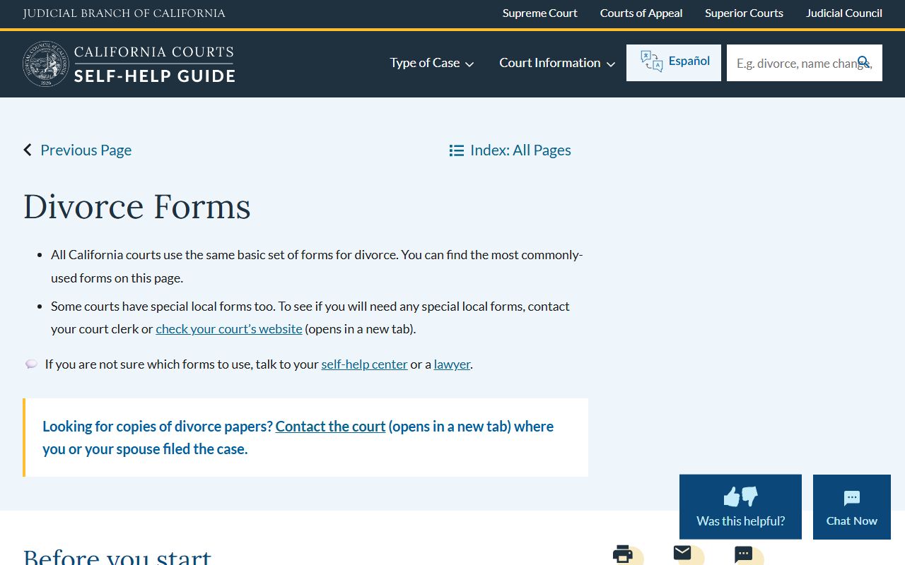 California courts divorce forms page
