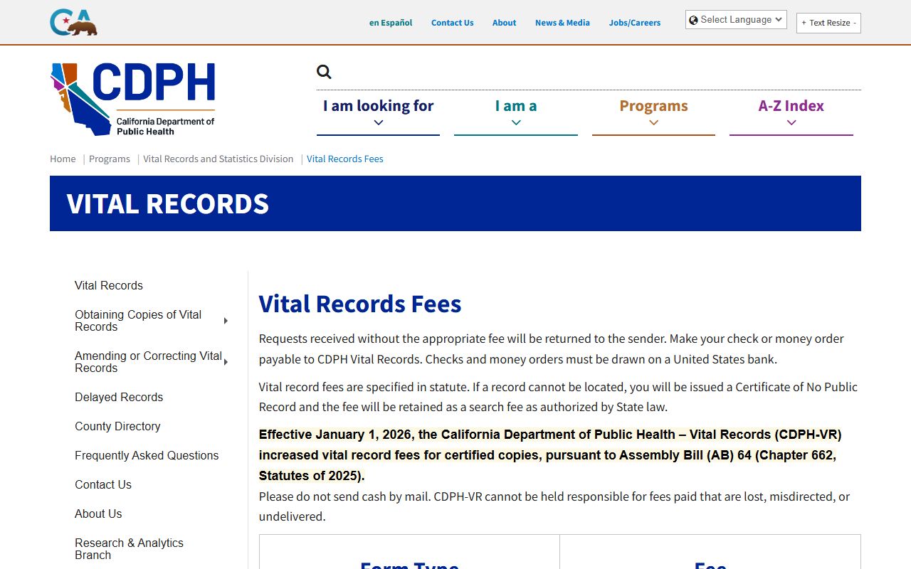 California Department of Public Health fees page for divorce certificates