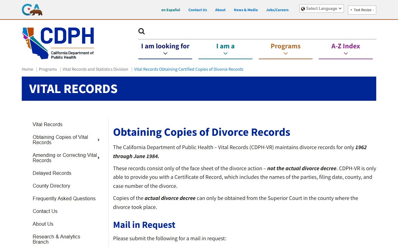 California Department of Public Health divorce records main page