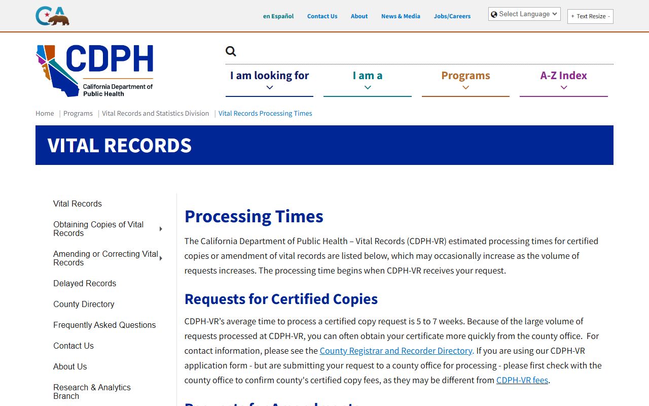 California vital records processing times page