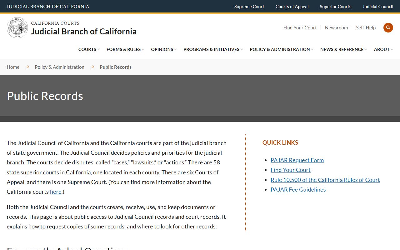 California courts public records information page